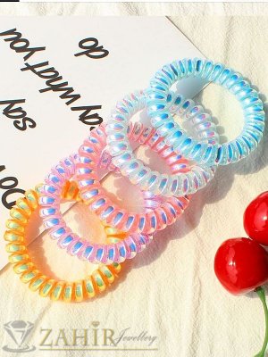 5 бр.силиконов ластик спирала със светли перлени цветове, голям 5 см, носи се на опашка или за гривна - LS1010